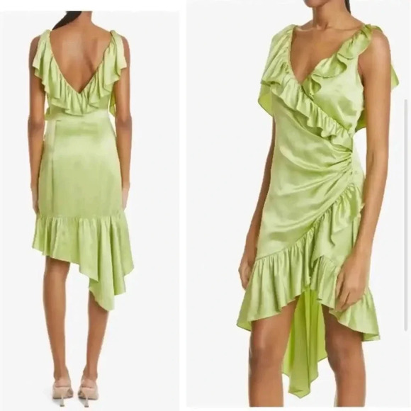 NWOT Cinq a Sept Petunya Ruffle Silk Midi Dress Prickly Pear Green V-neck Satin - Picture 2 of 14